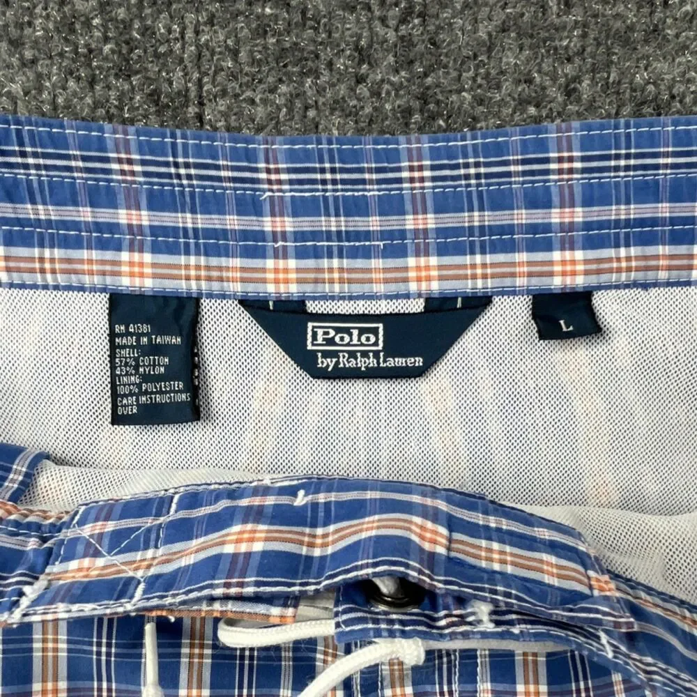 Polo Ralph Lauren Plaid Swim Trunks Blue Orange White Men's Size L Mesh Lined